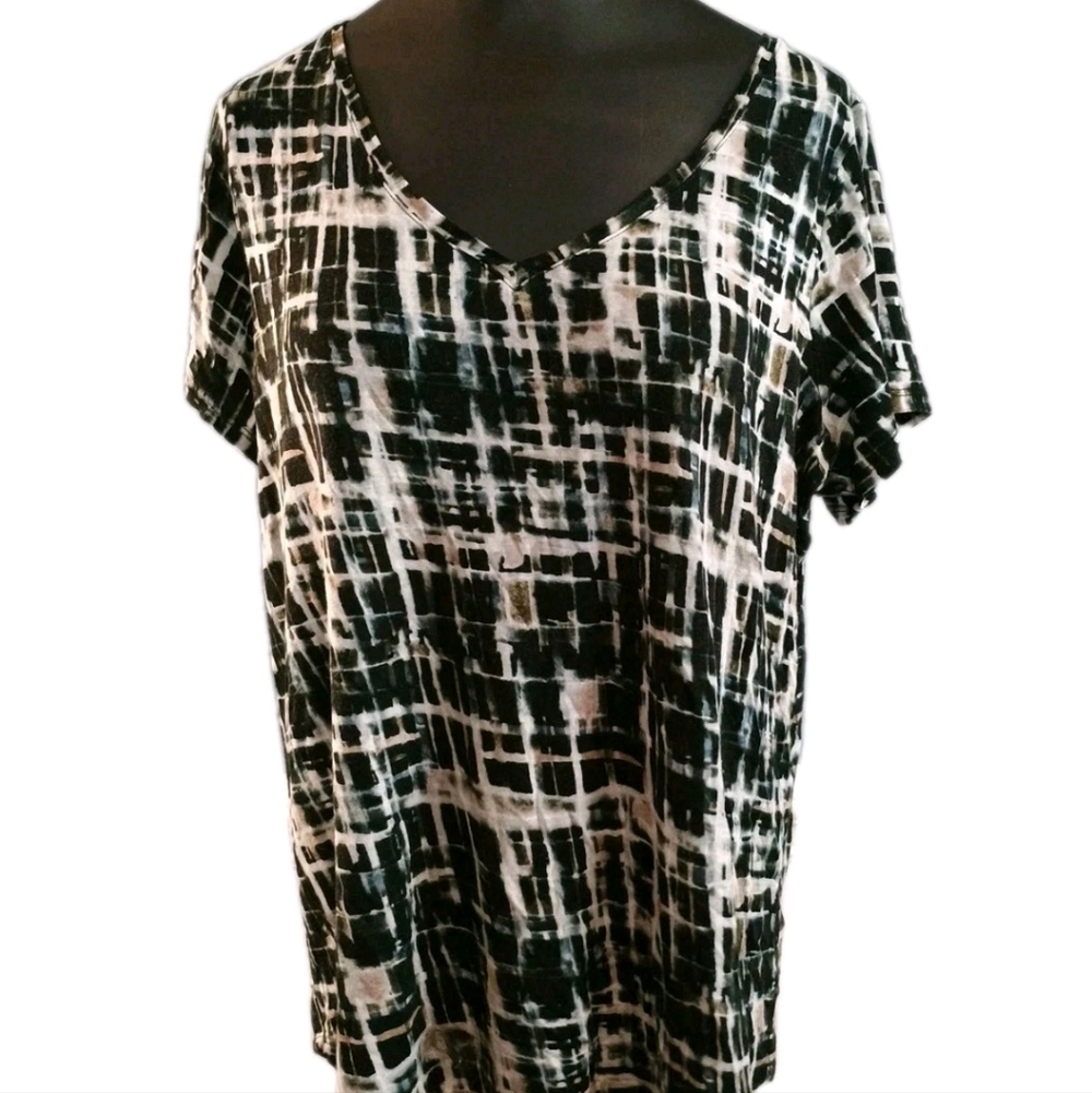Simply Vera Wang Top Womens OX Black Brown Geometric V-Neck Pullover Short Sleev